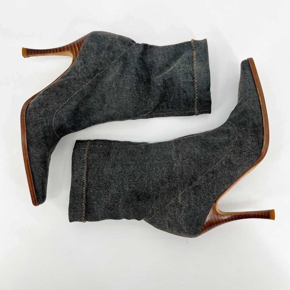 Vintage Bebe Mid Calf Stiletto Boots Womens 6M Gray Stretch Denim Pointed Toe - Picture 6 of 10